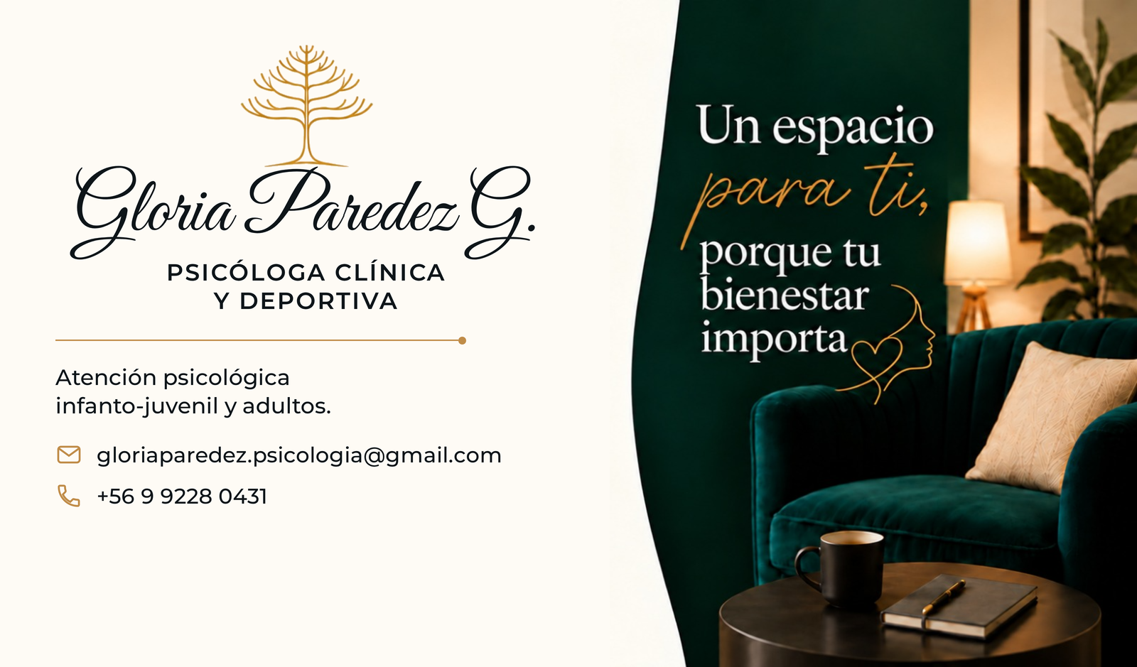 Tarjeta de presentación de Gloria Paredez Gallegos, psicóloga clínica y deportiva. Correo gloriaparedez.psicologia@gmail.com, teléfono +56 9 9228 0431.